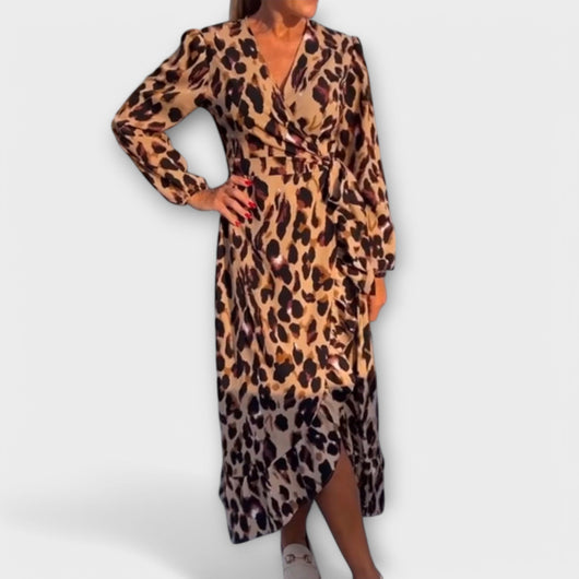 Casual Leopard Print V-Neck Dress with Waist Tie