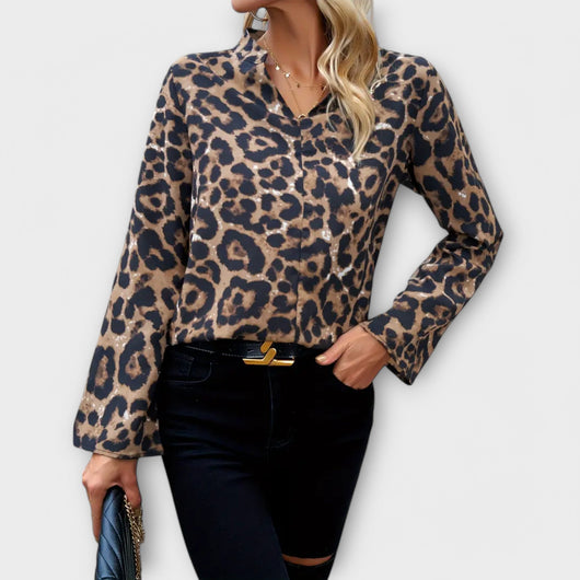Casual Leopard Print Blouse with Noted Neckline
