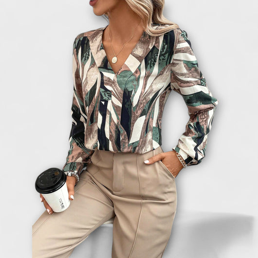 Blouse with All Over Print and V-Neck