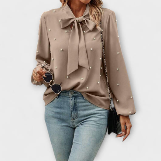 Sophia – Elegant blouse with pearl details and bow